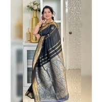 Generic Women's Silk Printed Saree With Unstitched Blouse 5.5Mtr (Black) - Black