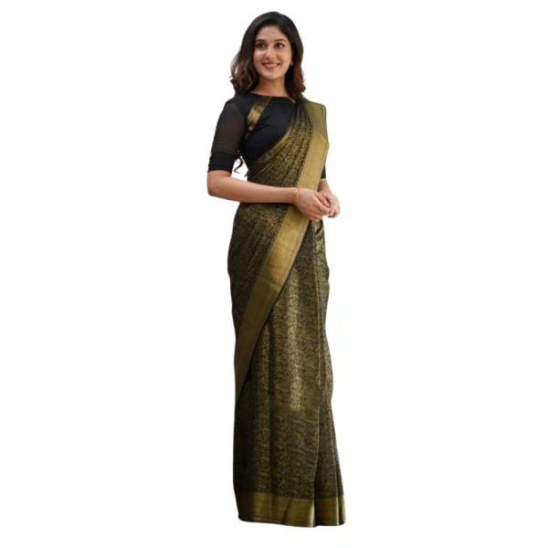 Generic Women's Silk Printed Saree With Unstitched Blouse 5.5Mtr (Black) - Black