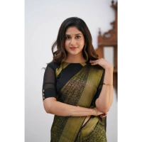 Generic Women's Silk Printed Saree With Unstitched Blouse 5.5Mtr (Black) - Black