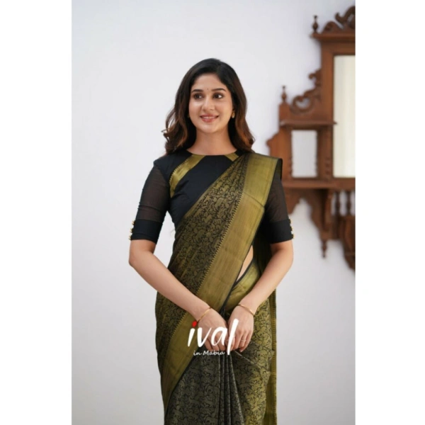 Generic Women's Silk Printed Saree With Unstitched Blouse 5.5Mtr (Black) - Black