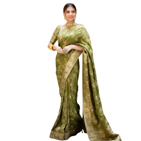 Generic Women's Silk Printed Saree With Unstitched Blouse 5.5Mtr (Olive Green) - Olive Green