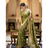 Generic Women's Silk Printed Saree With Unstitched Blouse 5.5Mtr (Olive Green) - Olive Green