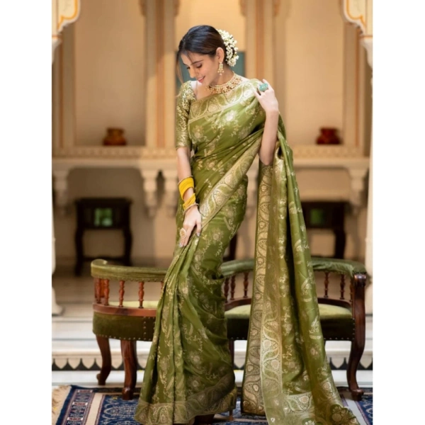 Generic Women's Silk Printed Saree With Unstitched Blouse 5.5Mtr (Olive Green) - Olive Green
