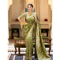 Generic Women's Silk Printed Saree With Unstitched Blouse 5.5Mtr (Olive Green) - Olive Green