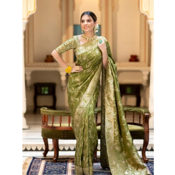 Generic Women's Silk Printed Saree With Unstitched Blouse 5.5Mtr (Olive Green) - Olive Green