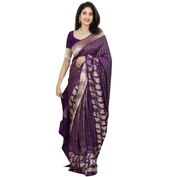 Generic Women's Silk Printed Saree With Unstitched Blouse 5.5Mtr (Purple) - Purple