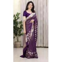 Generic Women's Silk Printed Saree With Unstitched Blouse 5.5Mtr (Purple) - Purple