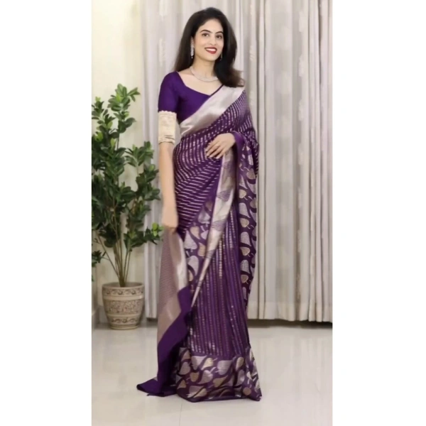 Generic Women's Silk Printed Saree With Unstitched Blouse 5.5Mtr (Purple) - Purple