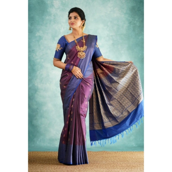 Generic Women's Silk Printed Saree With Unstitched Blouse 5.5Mtr (Purple) - Purple