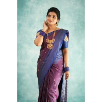 Generic Women's Silk Printed Saree With Unstitched Blouse 5.5Mtr (Purple) - Purple