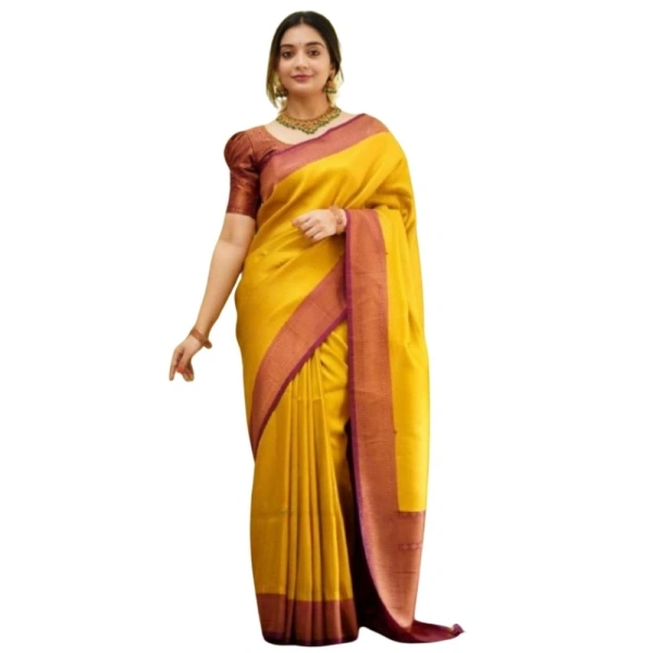 Generic Women's Silk Printed Saree With Unstitched Blouse 5.5Mtr (Yellow) - Yellow