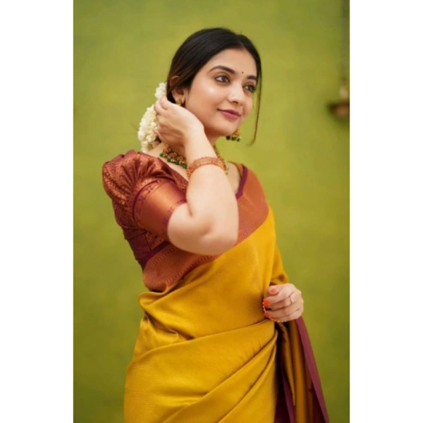 Generic Women's Silk Printed Saree With Unstitched Blouse 5.5Mtr (Yellow) - Yellow