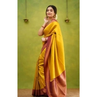 Generic Women's Silk Printed Saree With Unstitched Blouse 5.5Mtr (Yellow) - Yellow