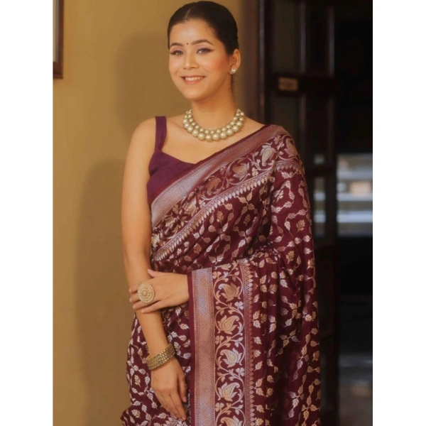 Generic Women's Silk Printed Saree With Unstitched Blouse 5.5Mtr (Maroon) - Maroon