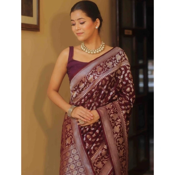 Generic Women's Silk Printed Saree With Unstitched Blouse 5.5Mtr (Maroon) - Maroon