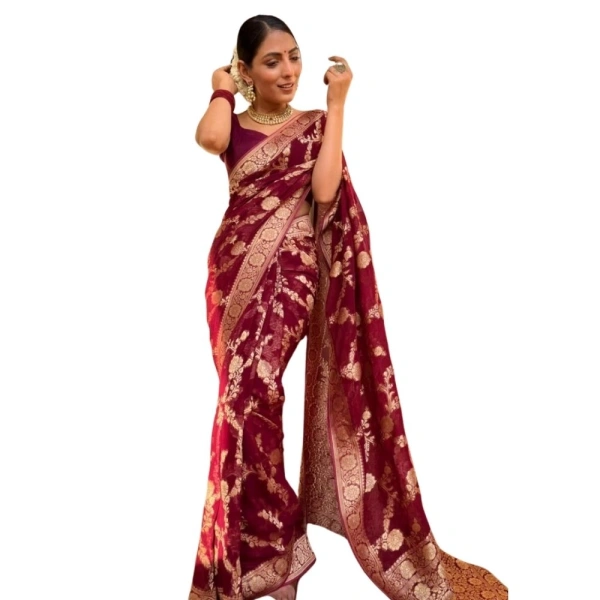 Generic Women's Silk Printed Saree With Unstitched Blouse 5.5Mtr (Maroon) - Maroon