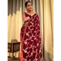 Generic Women's Silk Printed Saree With Unstitched Blouse 5.5Mtr (Maroon) - Maroon