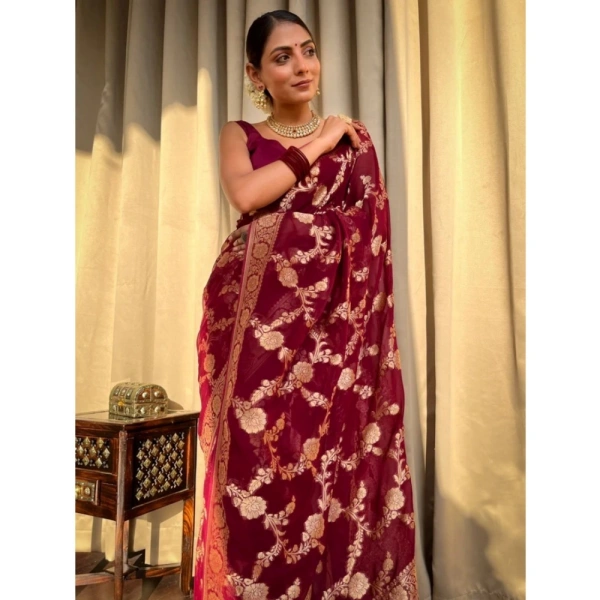 Generic Women's Silk Printed Saree With Unstitched Blouse 5.5Mtr (Maroon) - Maroon