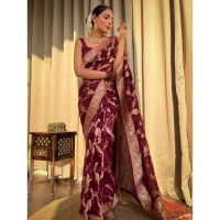 Generic Women's Silk Printed Saree With Unstitched Blouse 5.5Mtr (Maroon) - Maroon