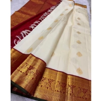 Generic Women's Silk Printed Saree With Unstitched Blouse 5.5Mtr (Off White-Red) - Off White-Red