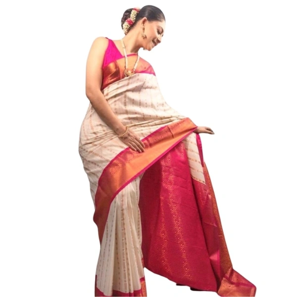 Generic Women's Silk Printed Saree With Unstitched Blouse 5.5Mtr (White-Pink) - White-Pink