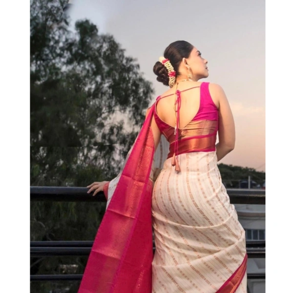 Generic Women's Silk Printed Saree With Unstitched Blouse 5.5Mtr (White-Pink) - White-Pink