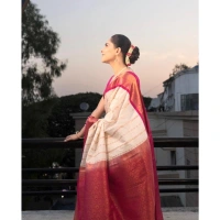Generic Women's Silk Printed Saree With Unstitched Blouse 5.5Mtr (White-Pink) - White-Pink
