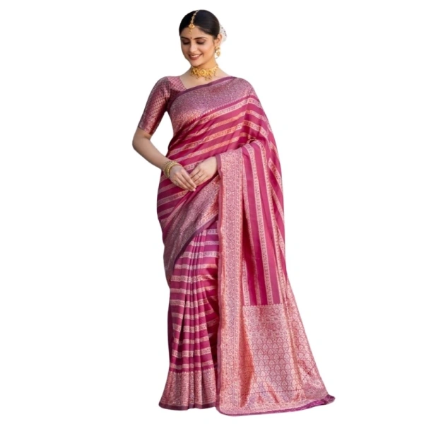 Generic Women's Silk Printed Saree With Unstitched Blouse 5.5Mtr (Pink) - Pink
