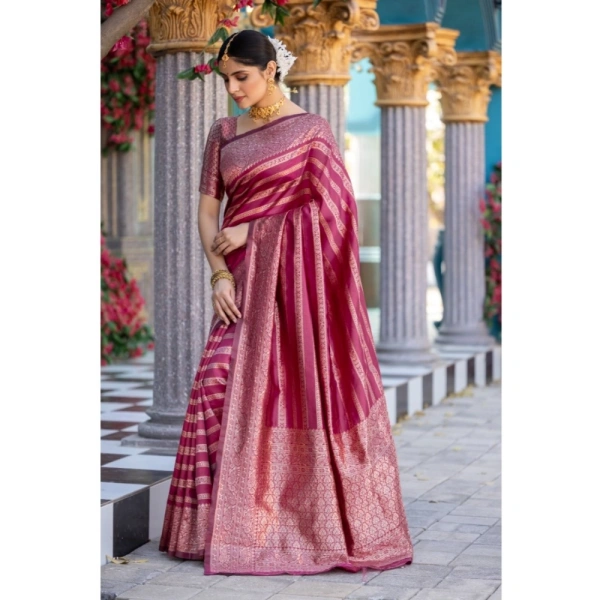 Generic Women's Silk Printed Saree With Unstitched Blouse 5.5Mtr (Pink) - Pink