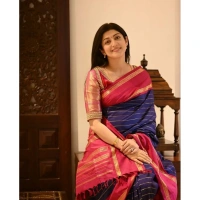 Generic Women's Silk Printed Saree With Unstitched Blouse 5.5Mtr (Navy Blue) - Navy Blue
