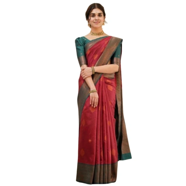 Generic Women's Silk Printed Saree With Unstitched Blouse 5.5Mtr (Red) - Red