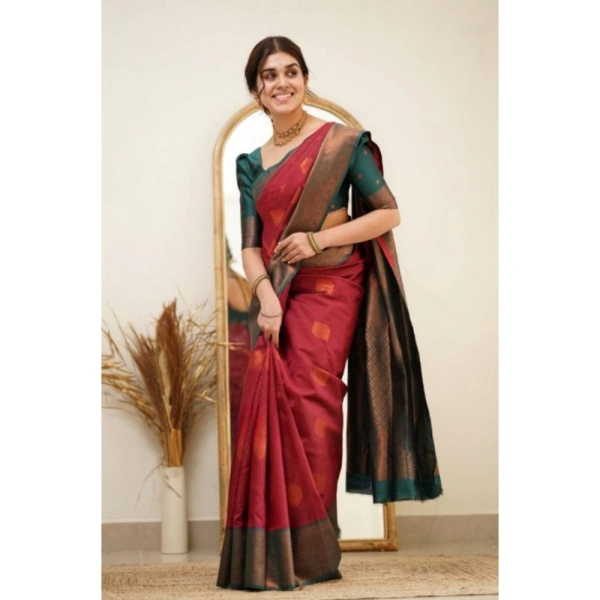 Generic Women's Silk Printed Saree With Unstitched Blouse 5.5Mtr (Red) - Red