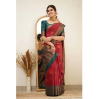 Generic Women's Silk Printed Saree With Unstitched Blouse 5.5Mtr (Red) - Red