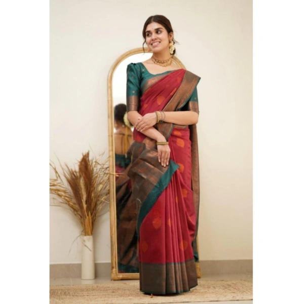 Generic Women's Silk Printed Saree With Unstitched Blouse 5.5Mtr (Red) - Red