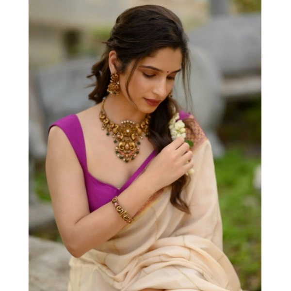 Generic Women's Silk Printed Saree With Unstitched Blouse 5.5Mtr (Off White-Pink) - Off White-Pink