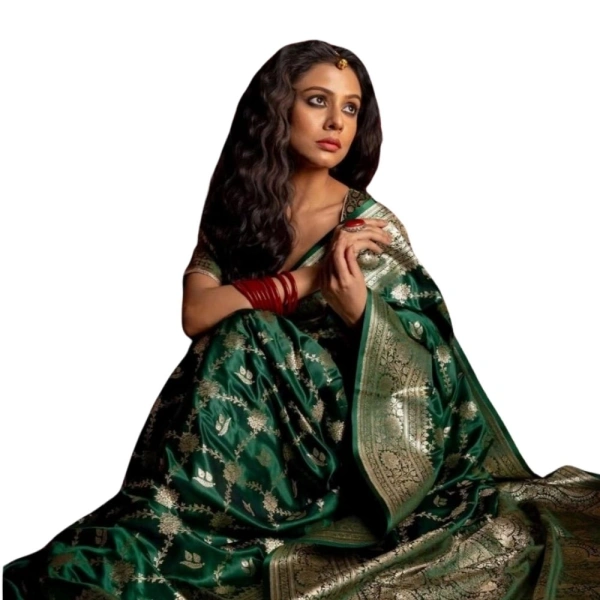Generic Women's Silk Printed Saree With Unstitched Blouse 5.5Mtr (Dark Green) - Dark Green