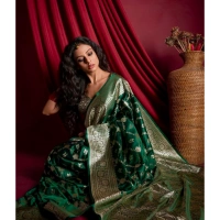 Generic Women's Silk Printed Saree With Unstitched Blouse 5.5Mtr (Dark Green) - Dark Green