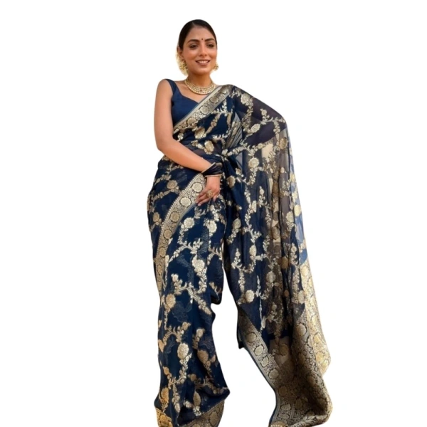 Generic Women's Silk Printed Saree With Unstitched Blouse 5.5Mtr (Dark Blue) - Dark Blue