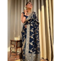 Generic Women's Silk Printed Saree With Unstitched Blouse 5.5Mtr (Dark Blue) - Dark Blue