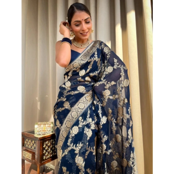 Generic Women's Silk Printed Saree With Unstitched Blouse 5.5Mtr (Dark Blue) - Dark Blue