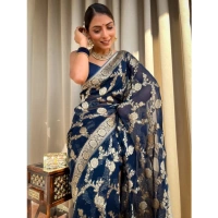 Generic Women's Silk Printed Saree With Unstitched Blouse 5.5Mtr (Dark Blue) - Dark Blue
