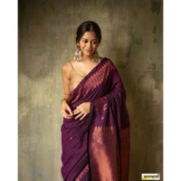 Generic Women's Silk Printed Saree With Unstitched Blouse 5.5Mtr (Wine) - Wine