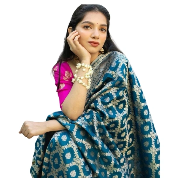Generic Women's Silk Printed Saree With Unstitched Blouse 5.5Mtr (Sky Blue) - Sky Blue