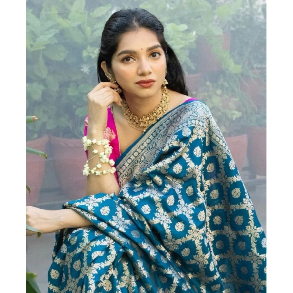 Generic Women's Silk Printed Saree With Unstitched Blouse 5.5Mtr (Sky Blue) - Sky Blue
