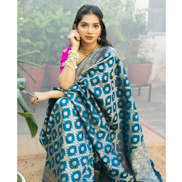 Generic Women's Silk Printed Saree With Unstitched Blouse 5.5Mtr (Sky Blue) - Sky Blue