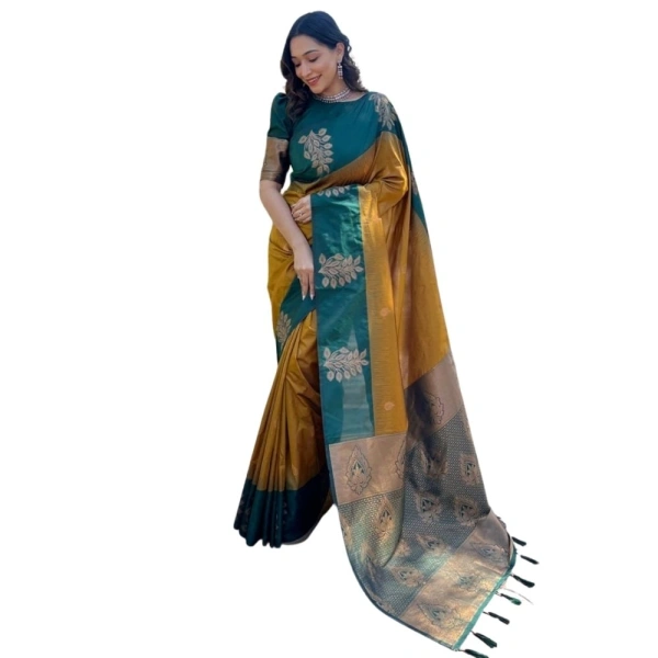 Generic Women's Silk Printed Saree With Unstitched Blouse 5.5Mtr (Yellow) - Yellow