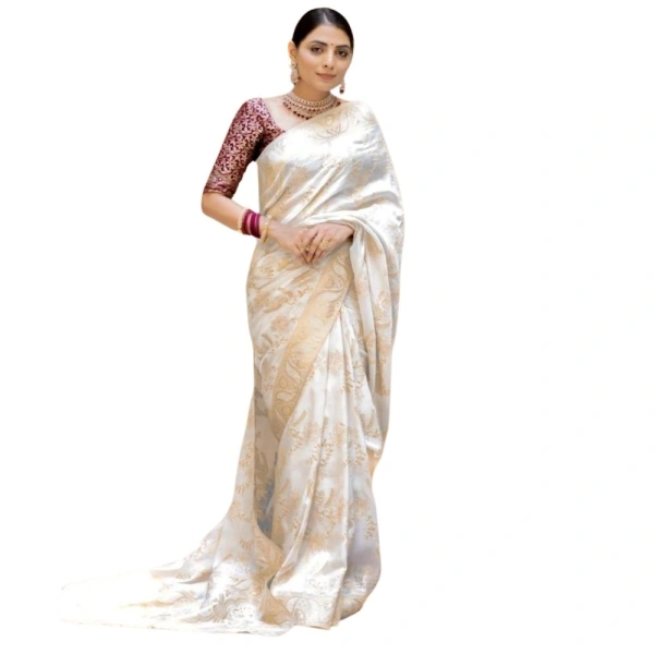 Generic Women's Silk Printed Saree With Unstitched Blouse 5.5Mtr (White) - White
