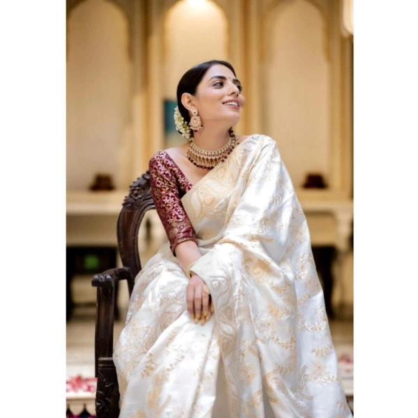 Generic Women's Silk Printed Saree With Unstitched Blouse 5.5Mtr (White) - White