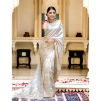 Generic Women's Silk Printed Saree With Unstitched Blouse 5.5Mtr (White) - White