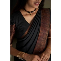 Generic Women's Silk Printed Saree With Unstitched Blouse 5.5Mtr (Black) - Black